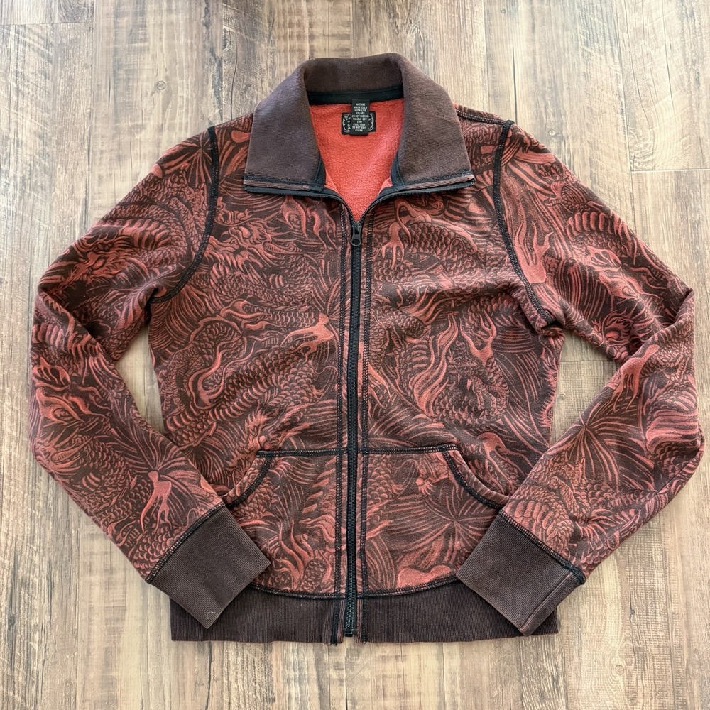 VTG Lucky Brand Asian Jacket M Dragon Tattoo Full Zip Y2K 90s Boho Mock Track